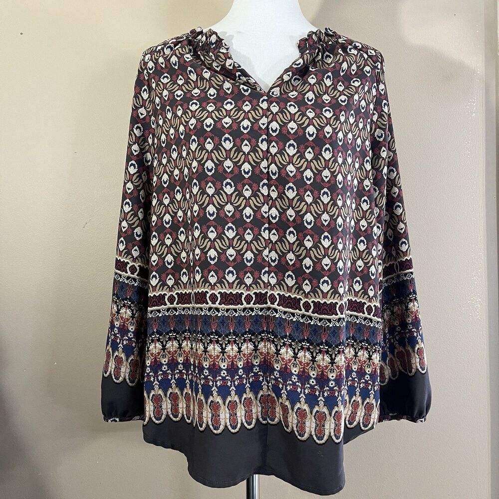 Pleione Women’s Boho Floral Blouse Size S Long Sleeve Border Print